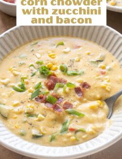 Corn chowder with zucchini and bacon long pin.