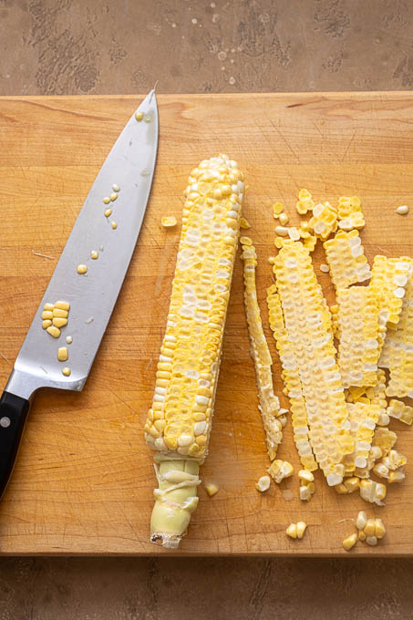Corn kernels removed from the cob for fresh corn chowder.