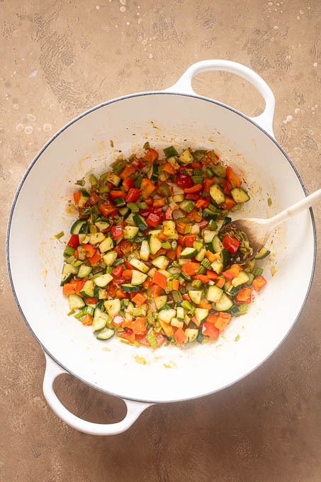 Cooked aromatics for corn chowder recipe.