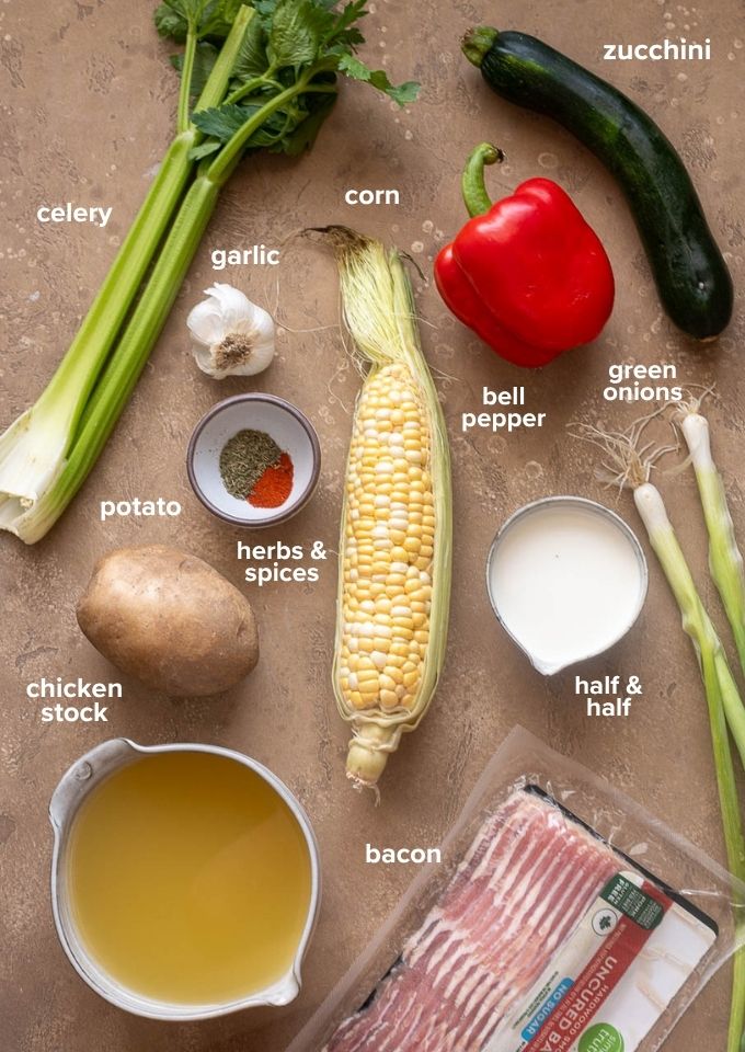 Ingredients for corn chowder with zucchini and bacon.
