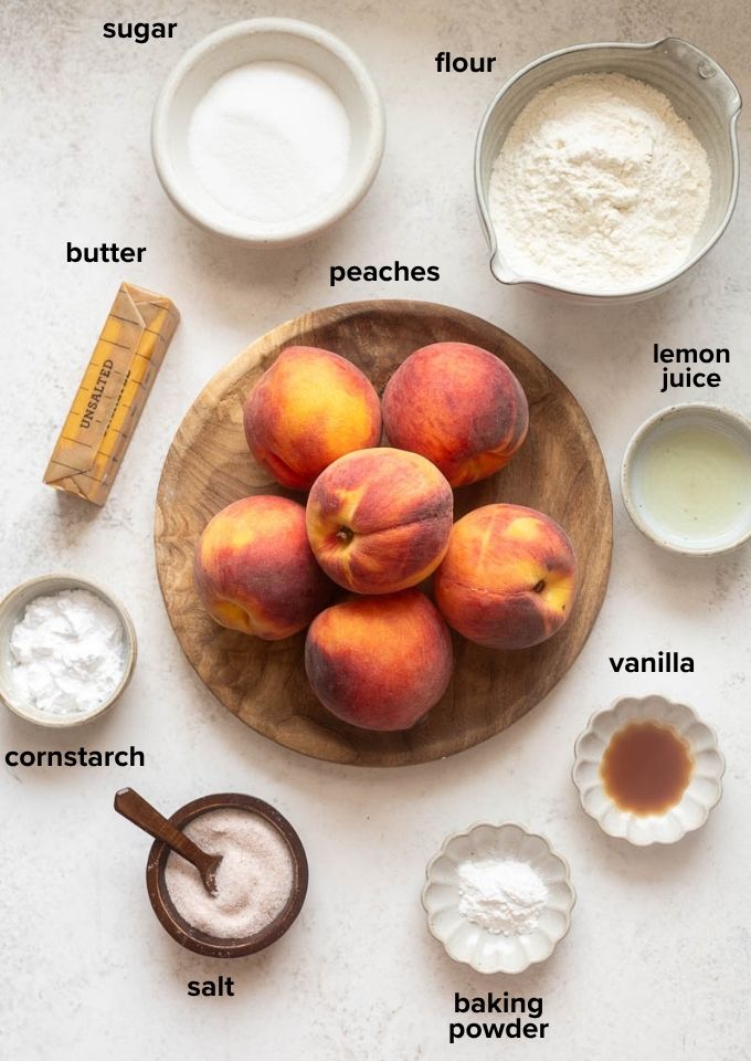 Ingredients for fresh peach cobbler recipe.
