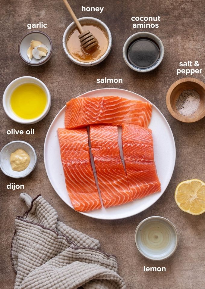 Ingredients for honey garlic salmon recipe.