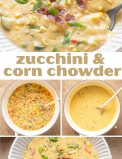 Zucchini corn chowder with bacon collage pin.