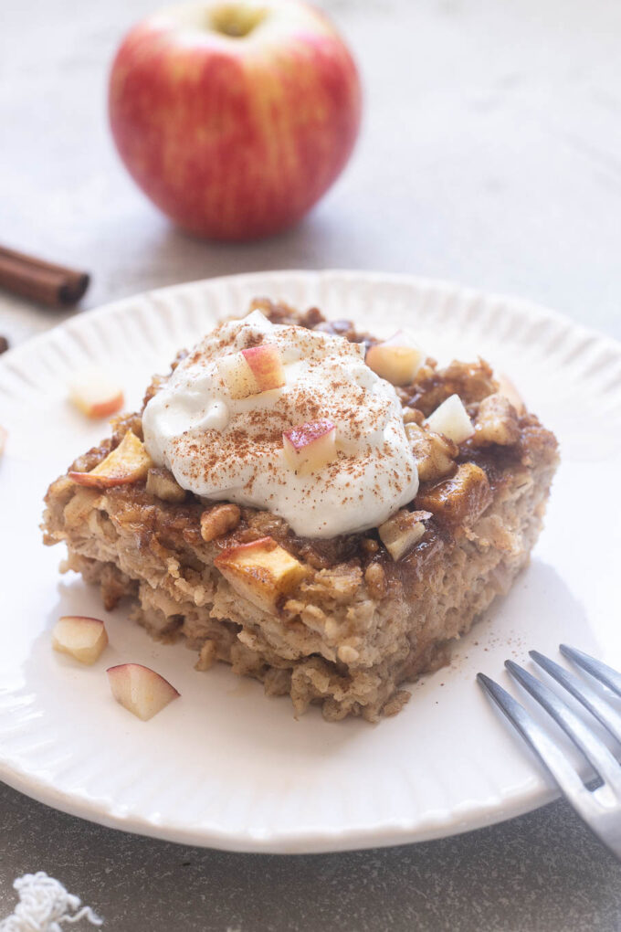 Apple cinnamon baked oatmeal with Greek yogurt on top.