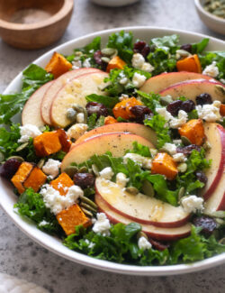 Kale and apple harvest salad with roasted butternut squash, cranberries and feta.