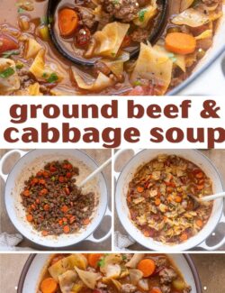 Ground beef cabbage soup recipe collage pin.