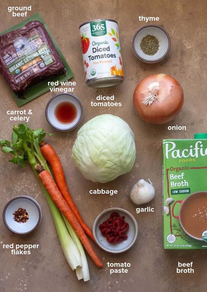 Ground beef and cabbage soup recipe ingredients.