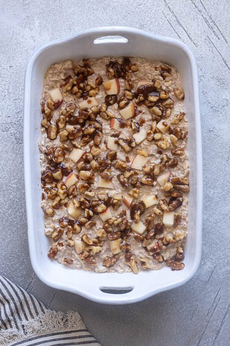 Overnight apple cinnamon baked oatmeal before baking.