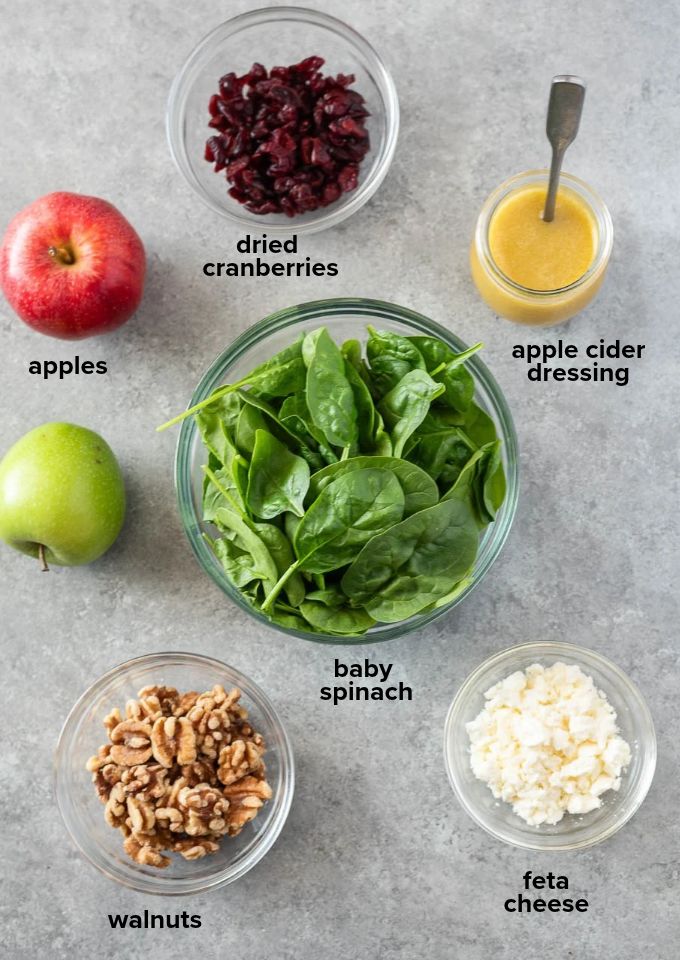 Ingredients for spinach apple salad recipe.