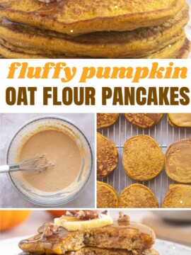 Fluffy pumpkin oat flour pancakes collage pin.