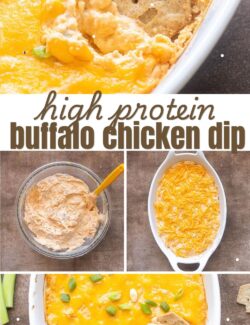 High protein buffalo chicken dip collage pin.