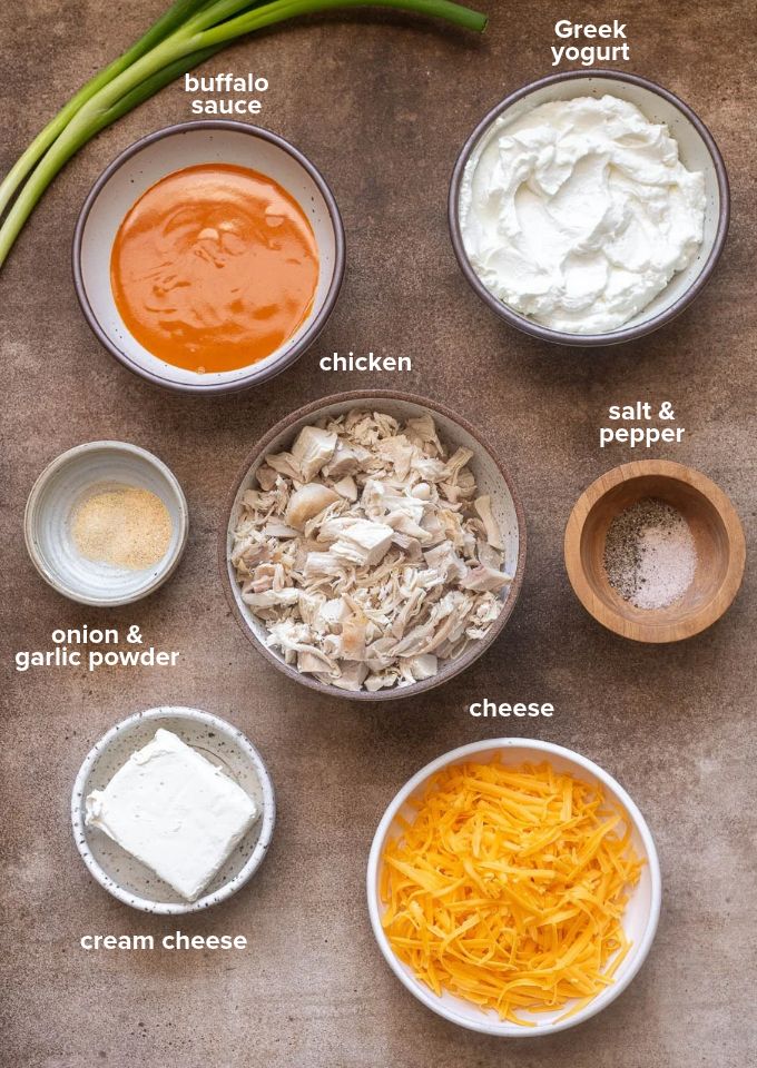Ingredients for high protein buffalo chicken dip recipe.