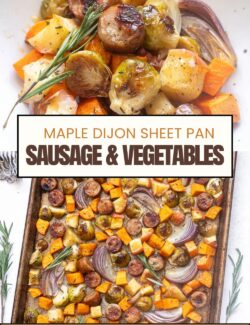 Maple dijon sheet pan sausage and vegetables long pin.
