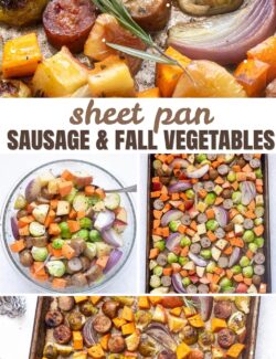 Sheet pan sausage and fall vegetables collage pin.